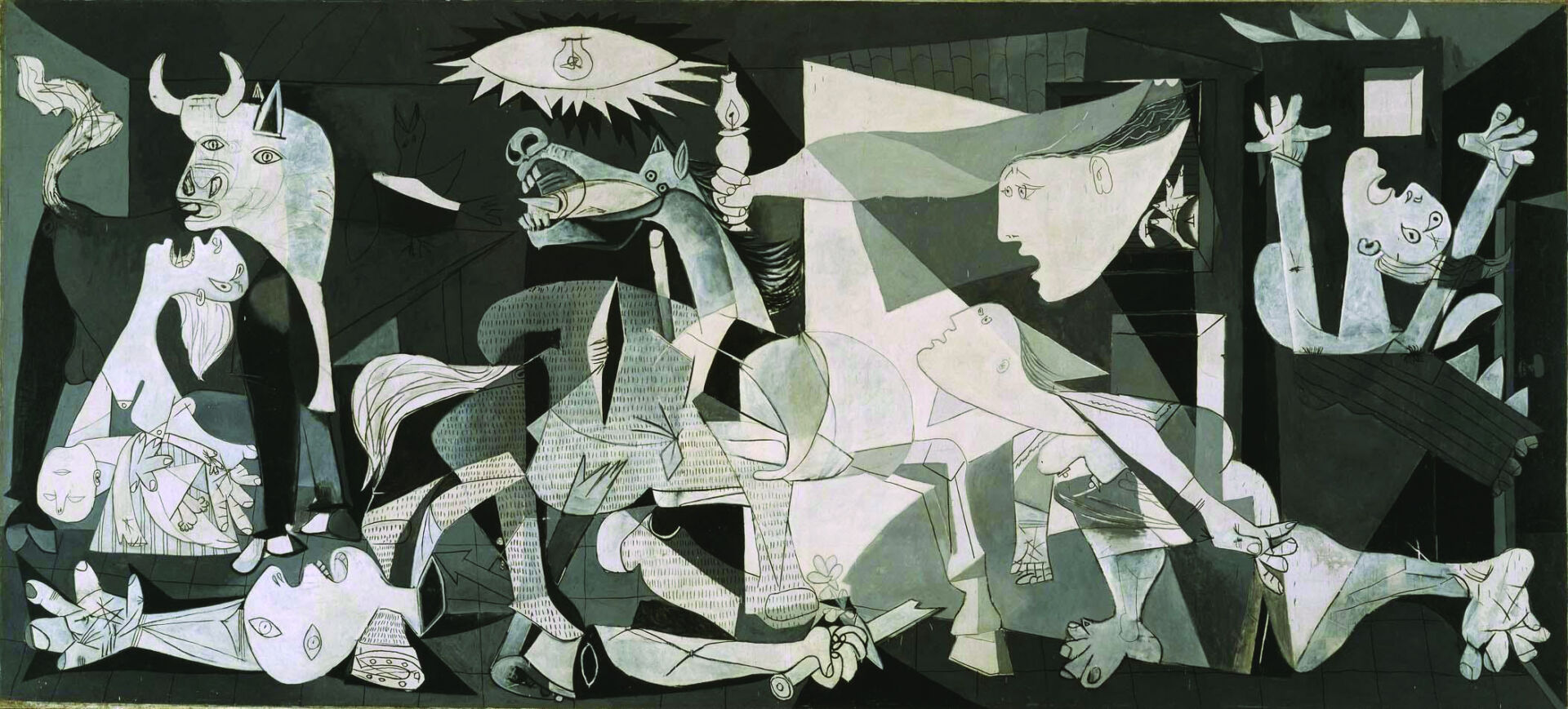 “El Guernica”, 1937, Pablo Picasso. Shadows emphasizing the act of stillness versus light expressing movement. © Sucesión Pablo Picasso. VEGAP, Madrid, 2019. Image displayed under Fair Use policy.