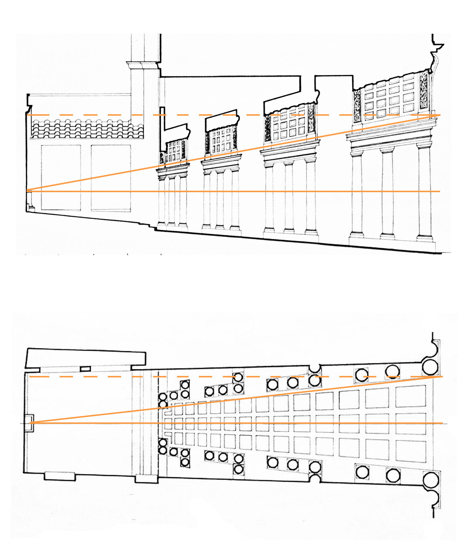 Palazzo Spada, section along the gallery axis showing perceived space in dashed lines.