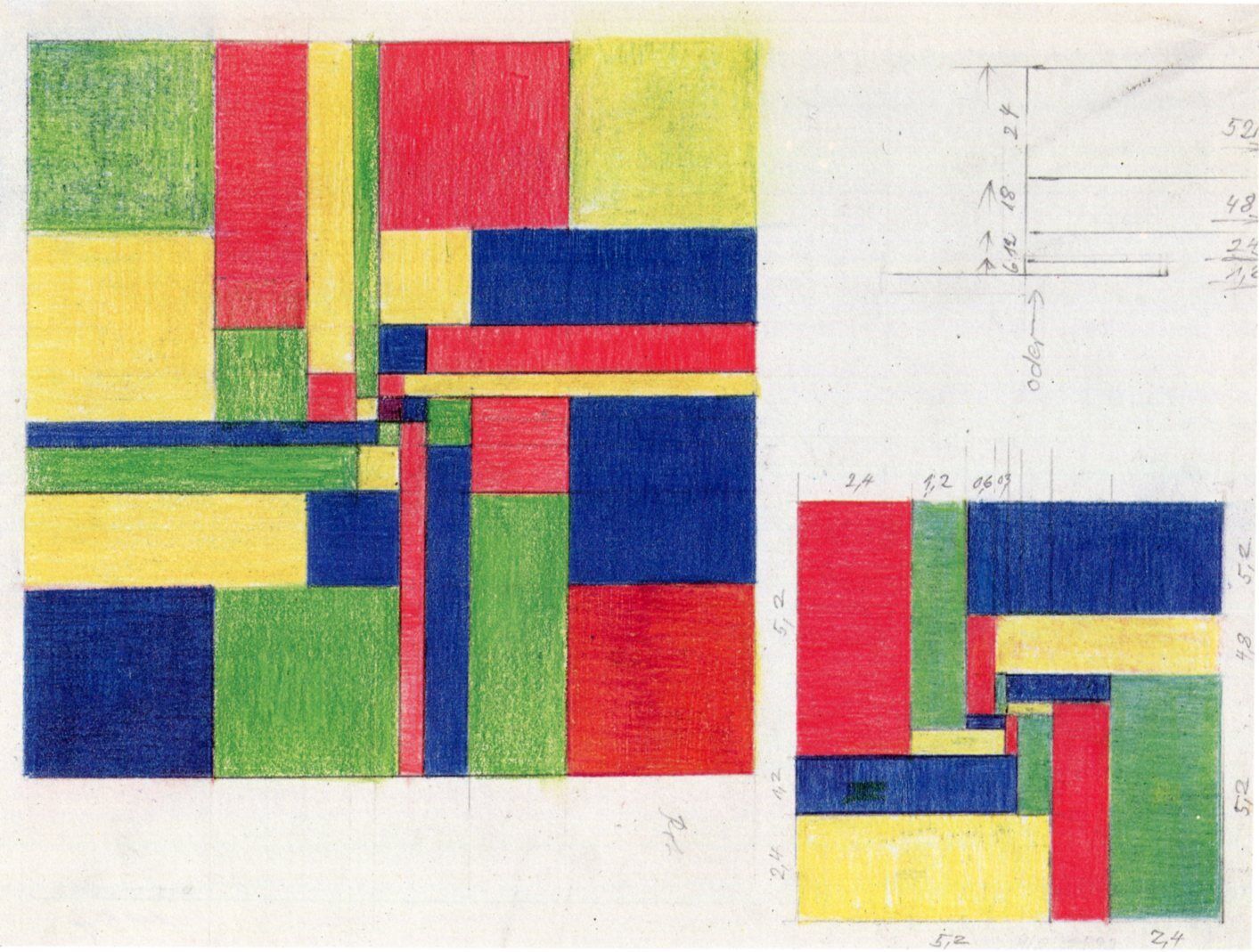 Richard Paul Lohse, Interpenetrating axes, 1954; colored pencil study