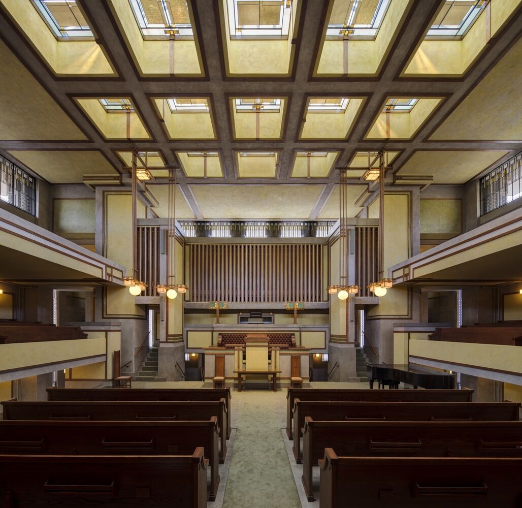 Interior of Unity Temple, Oak Park, Illinois, 1906, Frank Lloyd Wright, architect. Photograph by author.