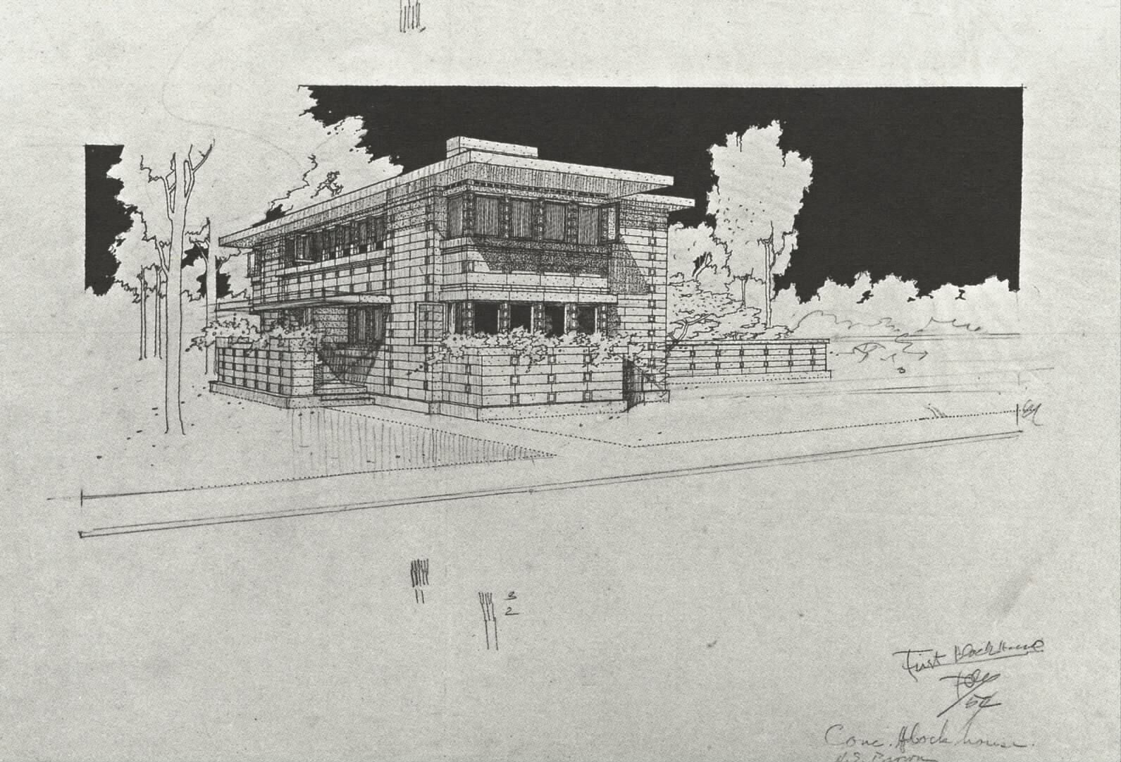 Harry Brown House project, 1906, Frank Lloyd Wright, architect. Drawing copyright FLW Archives.
