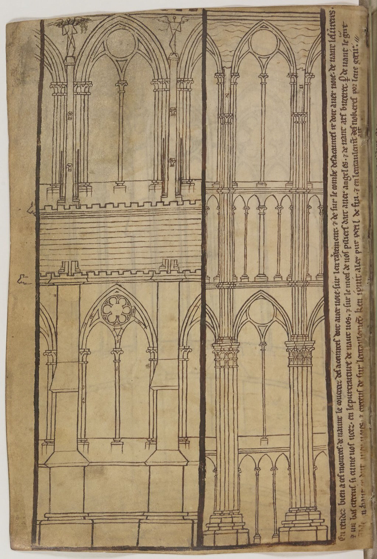 Villard de Honnecourt, “Sketchbook”, c. 1230. Longitudinal section and side elevation of Reims cathedral.
