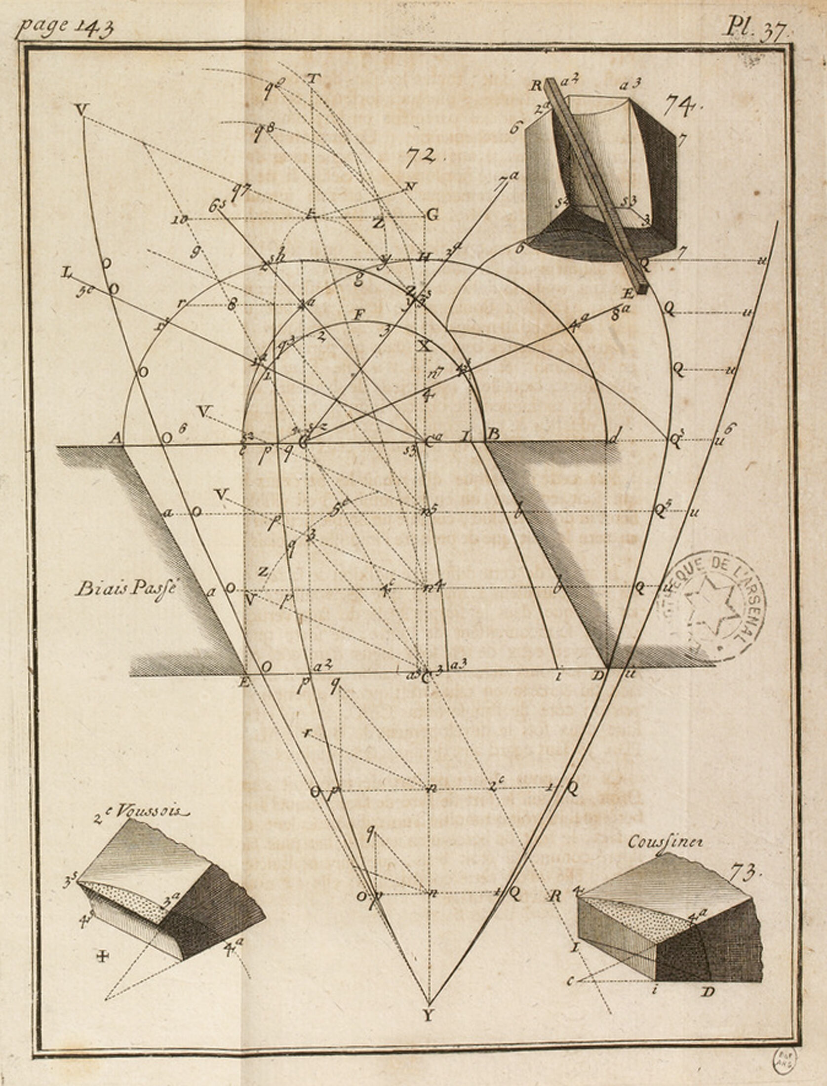 Amedée-François Frézier, La théorie et la pratique de la coupe des pierres et des bois … 1737-1739. Biais passé with a cylindrical intrados and elliptical intrados joints.