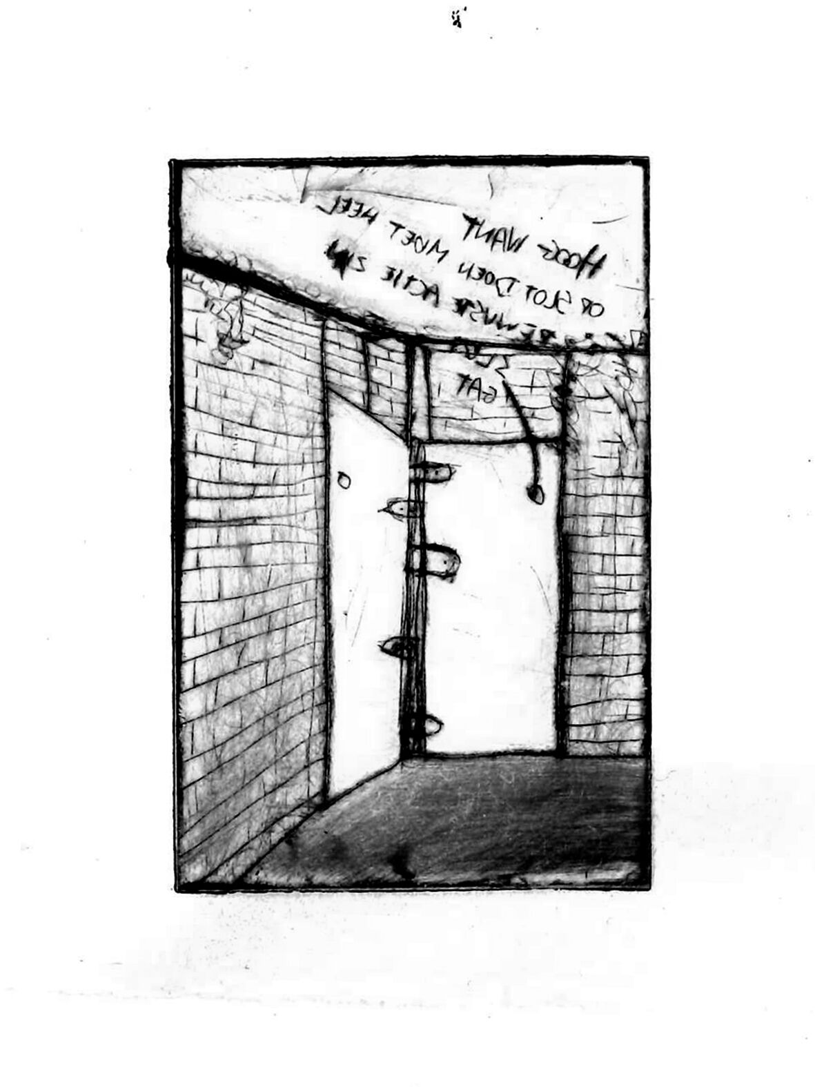 A memory-specific detail, excerpt from the research case: 
“The two ladies disguise each other. The only link they have is a dead family member, which is the cause of this family drama. They both want to visit the urn in the middle of the building without meeting unexpectedly, therefore two unique doors are developed. They share the same rotation axis and each door has only one handle and one lock on the other side. Consequently the ladies have to walk through the same path, but they can decide whether the other one can enter or not. The lock is placed high above floor level (1m73), so locking each other out will not become a habit. They actively have to choose to handle that way, this makes locking each other out a conscious decision every time again.” 
This etch contains unreadable words since it was created during the first stage of the drawing process, only the creator had to understand them for ordering thoughts.